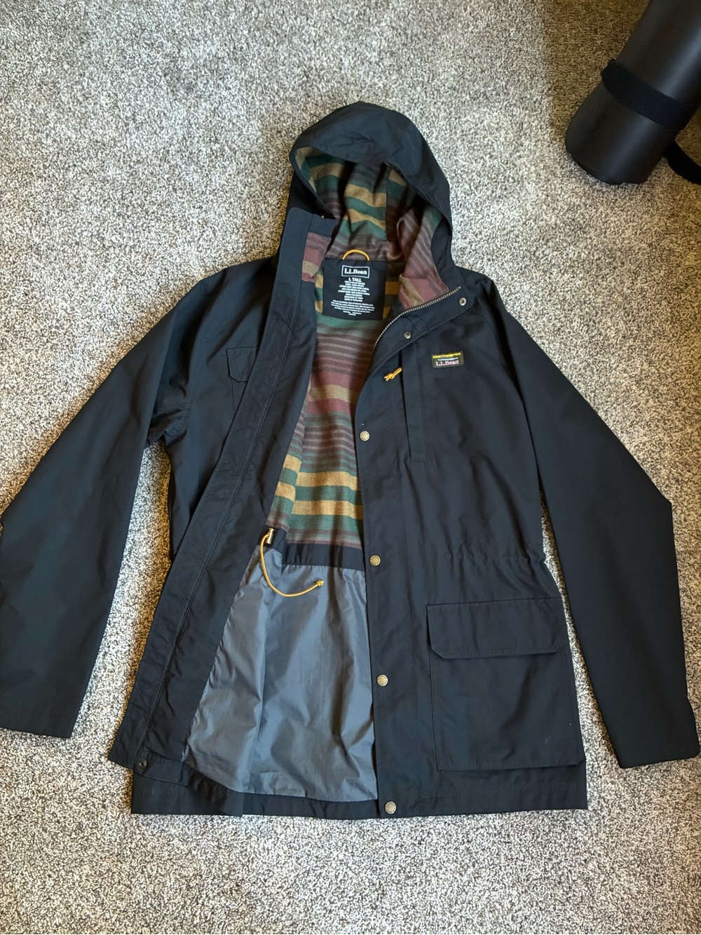 L.L. Bean Black Hooded Rain Jacket with Striped Liner